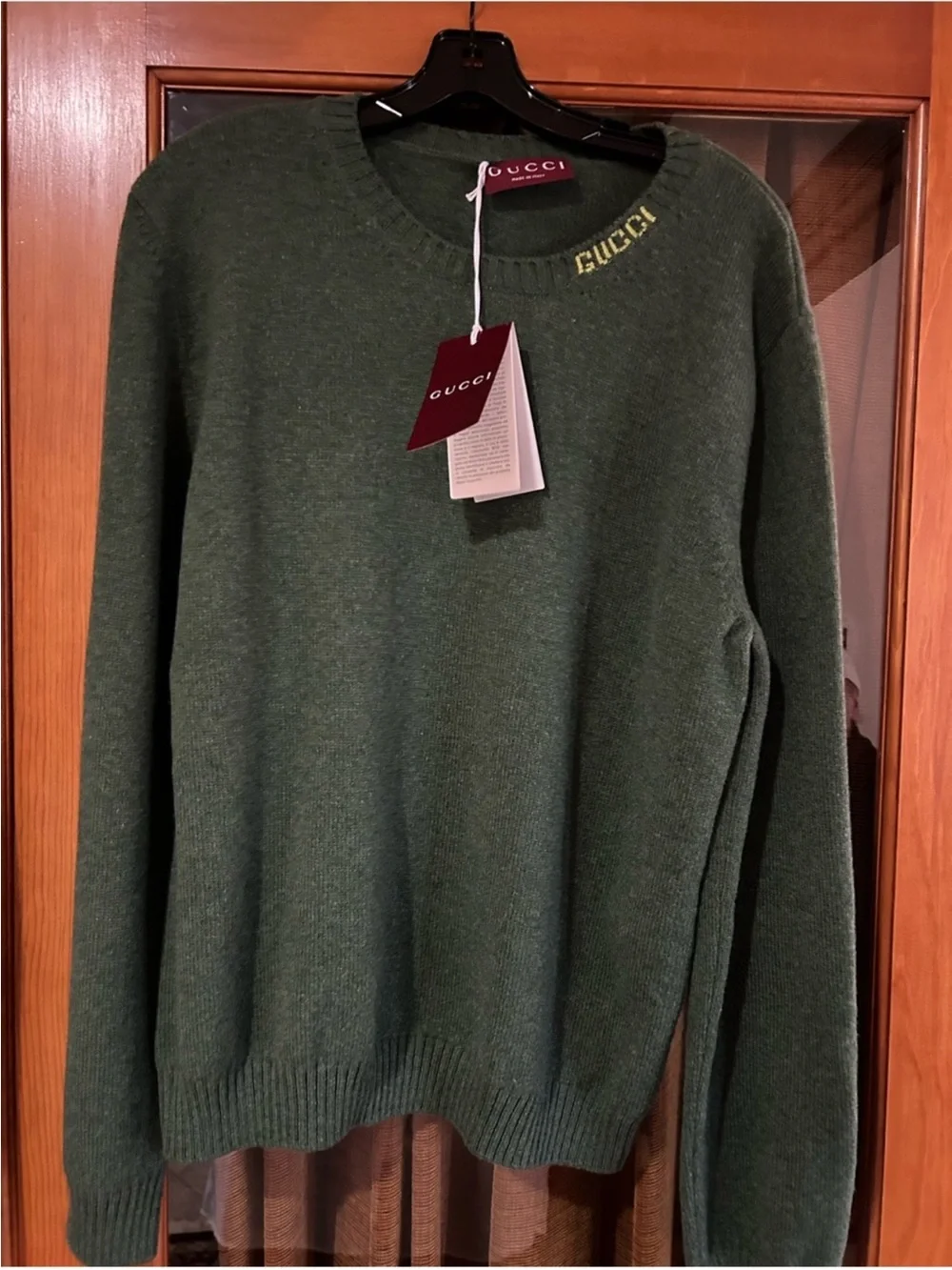 Men’s Gucci, green felted wool crewneck gold logo sweater size XXL made in Italy